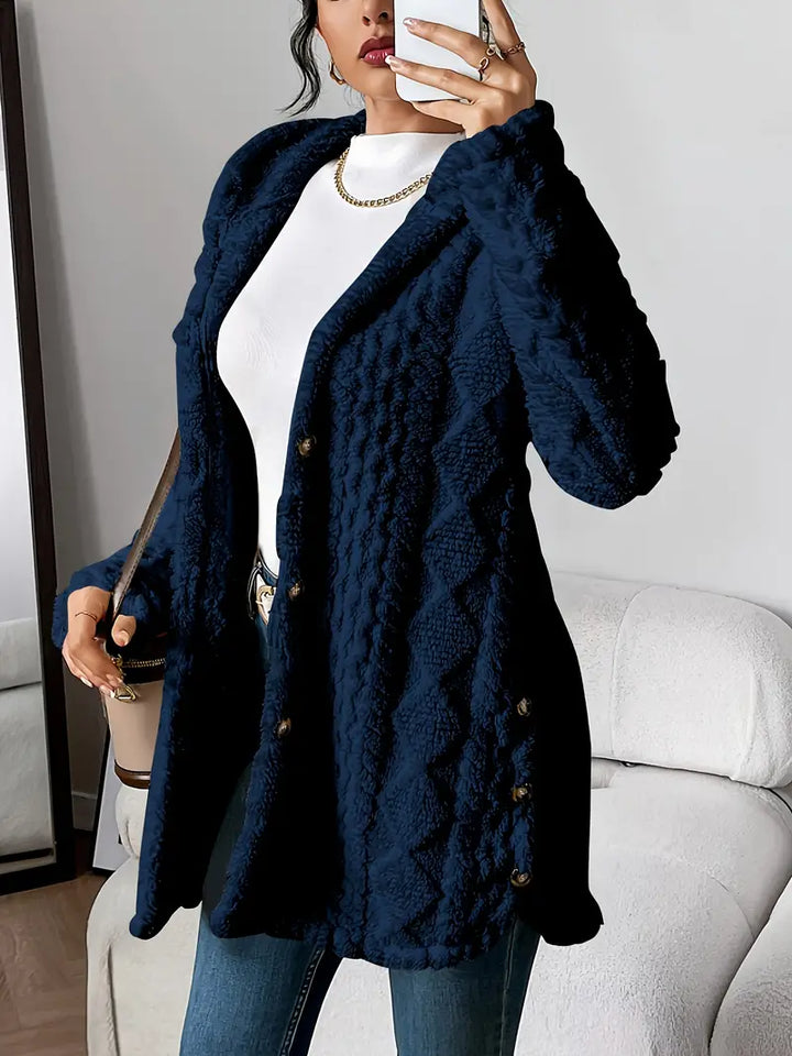 Stylish women's button-front long coat with a comfortable hood for fall & winter.