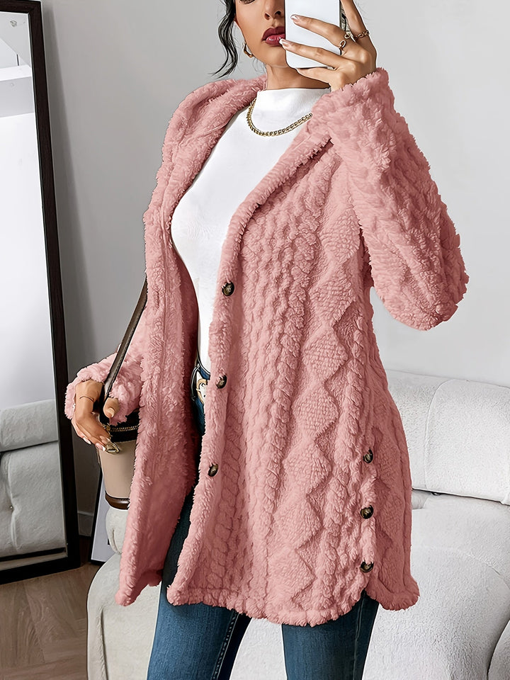 Cozy women's hooded long winter coat with prominent button details for warmth & style.