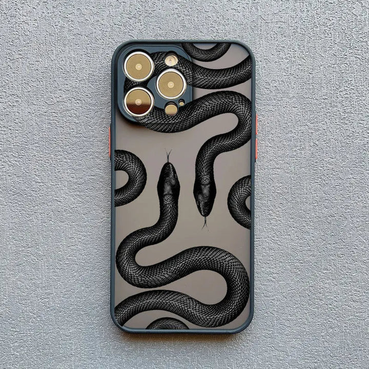 Durable shockproof iPhone case for women, showcasing a fashionable serpent motif design. Ultimate phone protection.