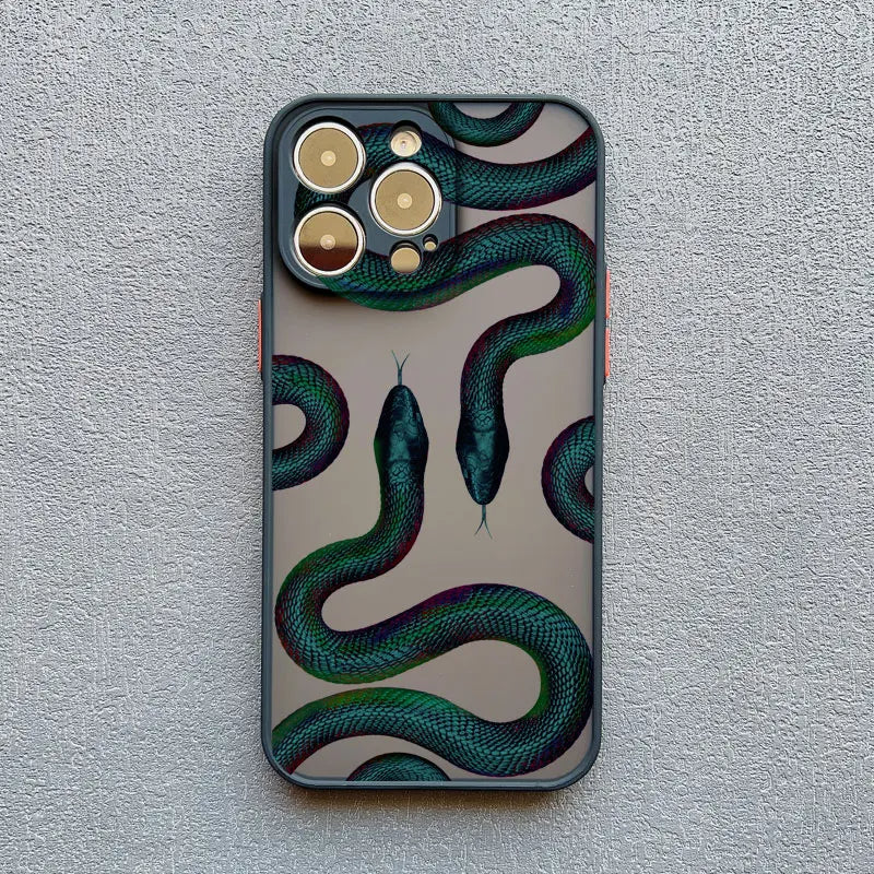 Elegant women's iPhone case with a protective serpent motif. Slim fit, supports wireless charging.
