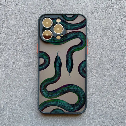 Elegant women's iPhone case with a protective serpent motif. Slim fit, supports wireless charging.