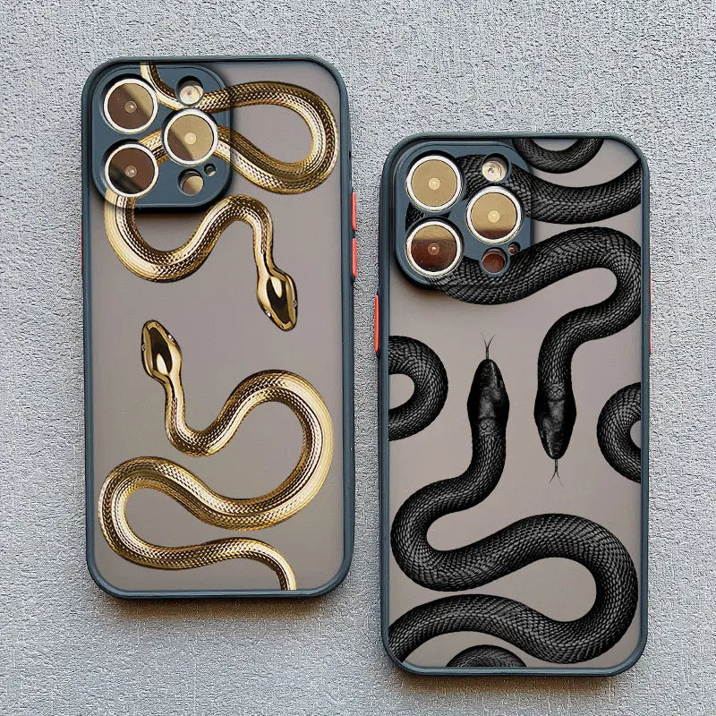 Protective women's iPhone case with a chic serpent motif, shockproof for daily phone safety.