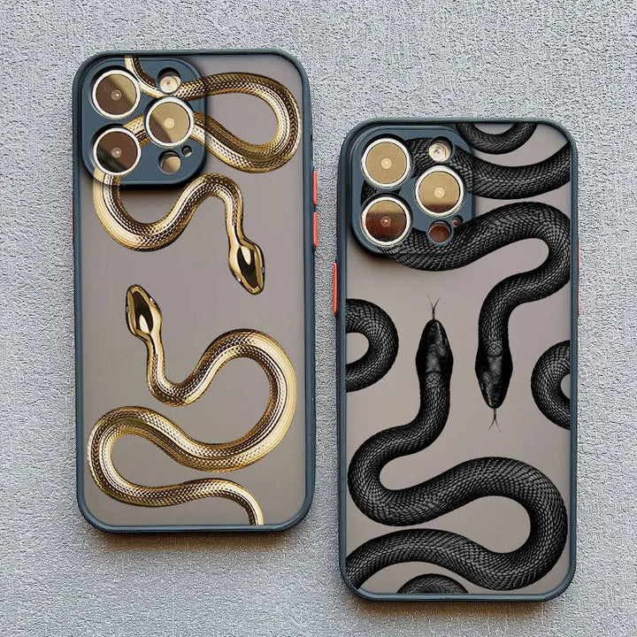 Protective women's iPhone case with a chic serpent motif, shockproof for daily phone safety.