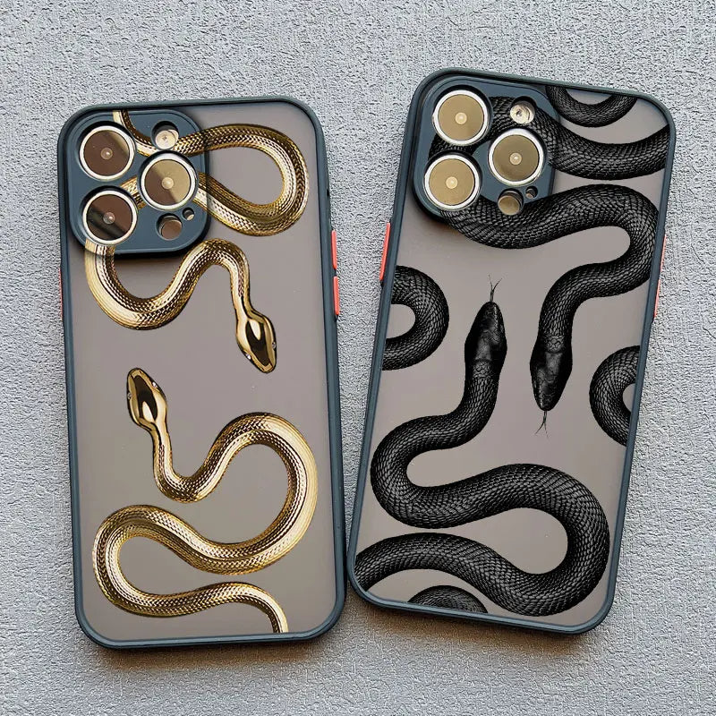Slim fit iPhone case for women with unique serpent motif, supports wireless charging. Stylish protection.