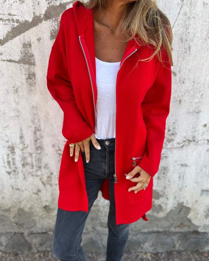 Women's stylish long sleeve cardigan with front zipper, perfect for everyday comfort.