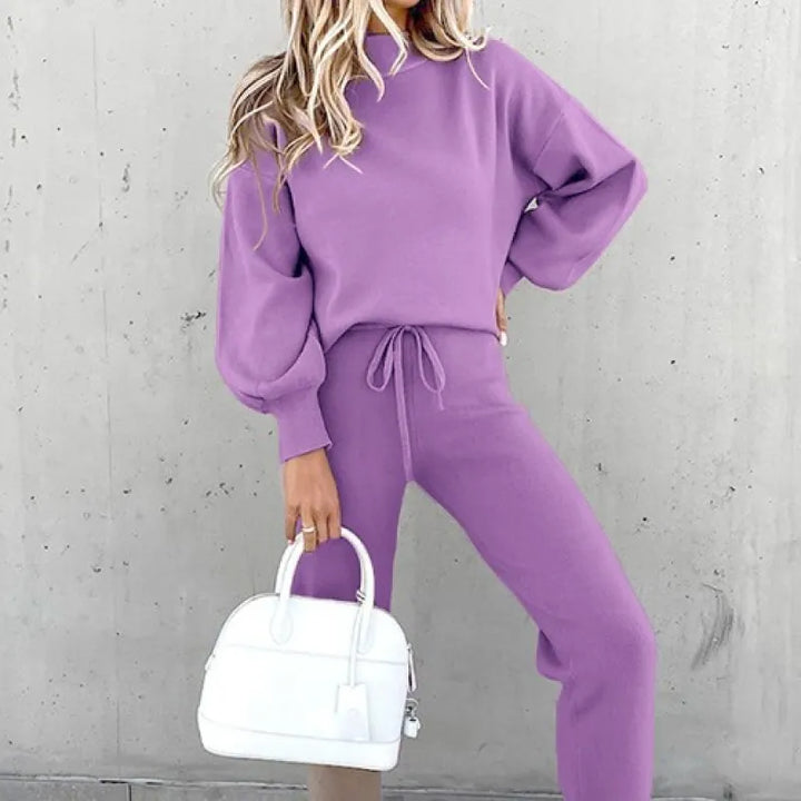 Women's stylish mock neck two-piece lounge set with drawstring pants & balloon sleeves for ultimate comfort.