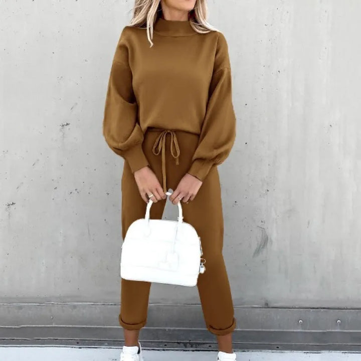 Women's mock neck two-piece matching set with drawstring pants, a comfortable fashion choice.