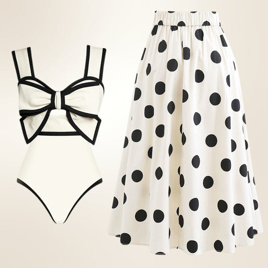 Women's stylish one-piece swimsuit with attached skirt, perfect for beachwear & resort vacation.