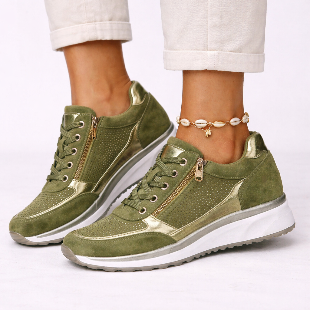 Gray women's orthopedic wedge sneakers, perfect for walking. Comfortable and supportive, blending style with function.