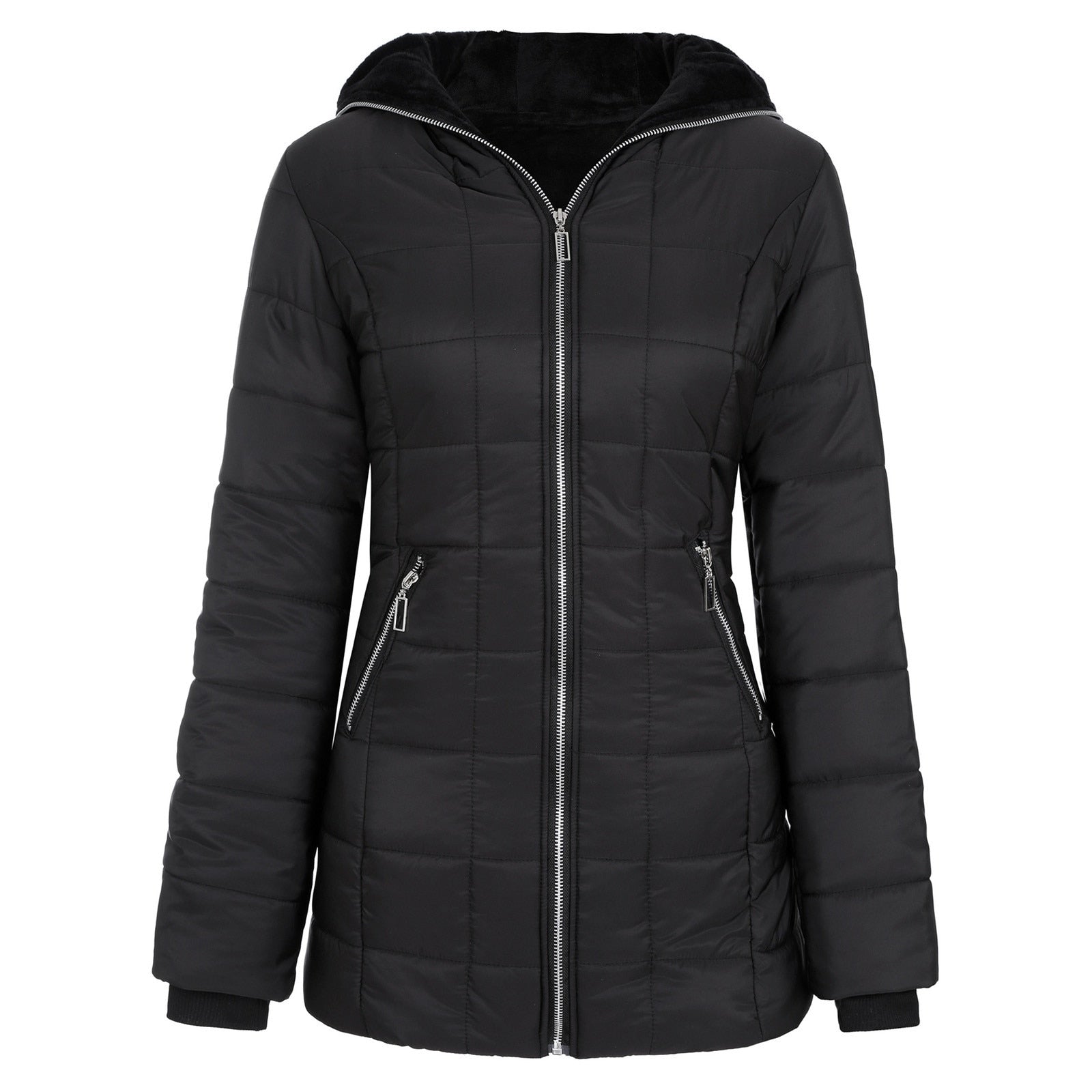 Woman wearing a chic padded winter coat, ideal for staying warm and fashionable in cold weather.