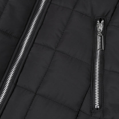 Close-up of a women's padded winter coat, showcasing its cozy collar and warm, stylish design.