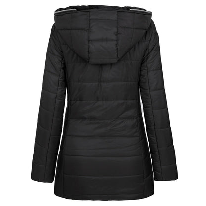 Back view of a women's stylish padded coat, offering warmth and a flattering silhouette.