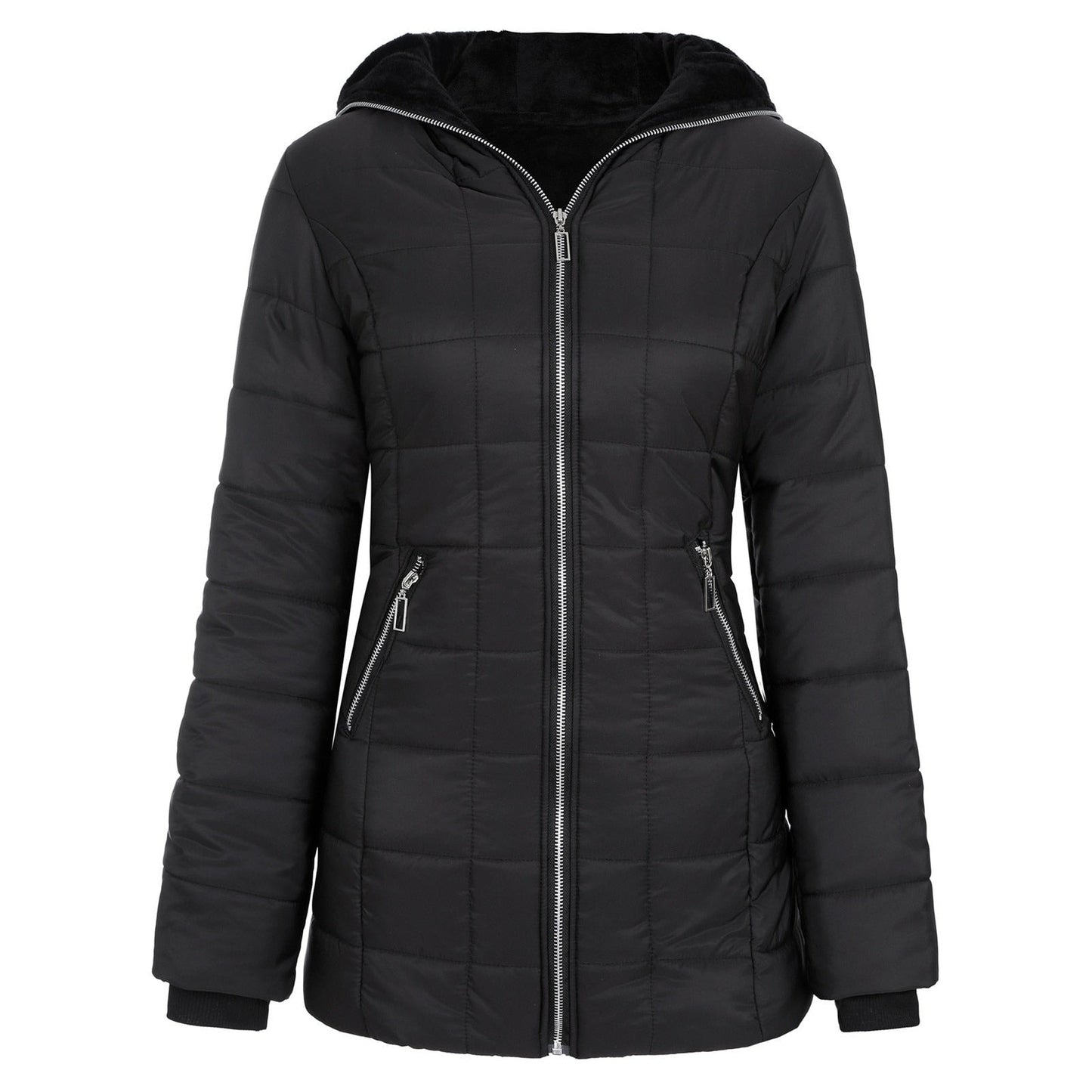 Women's warm padded winter coat with practical pockets and a sturdy zipper, perfect for cold weather.