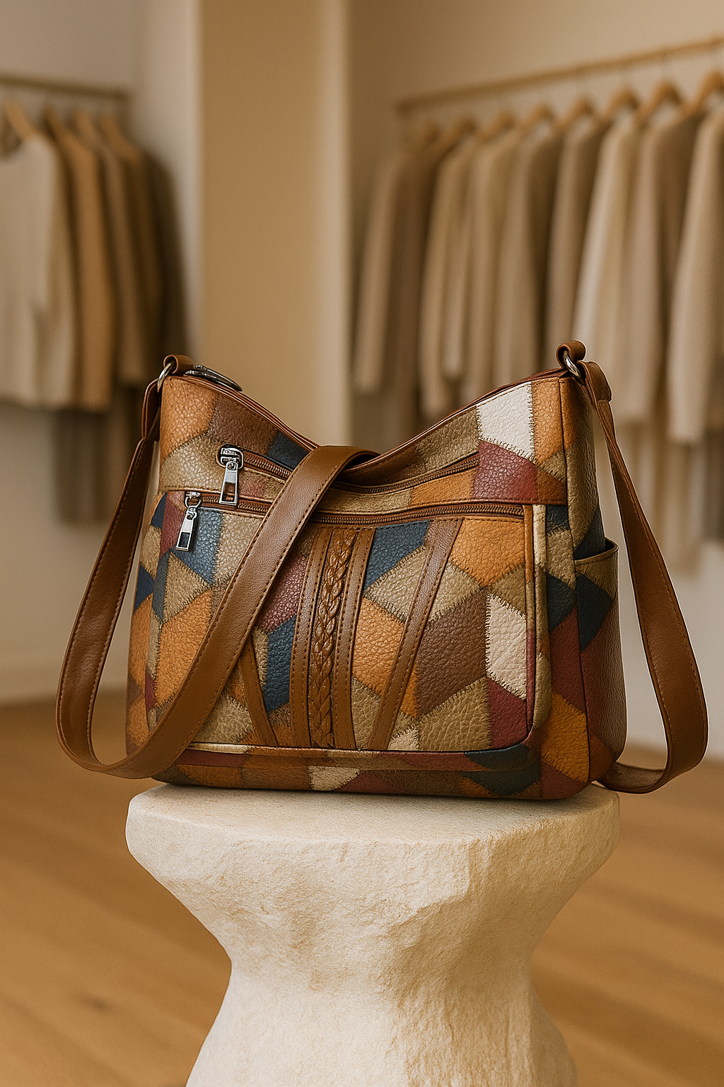 Women's stylish patchwork vegan leather handbag, spacious and versatile, ideal everyday fashion accessory.