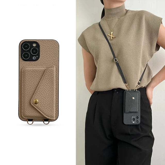 Women's stylish phone case with card holder & adjustable crossbody lanyard. Hands-free accessory.