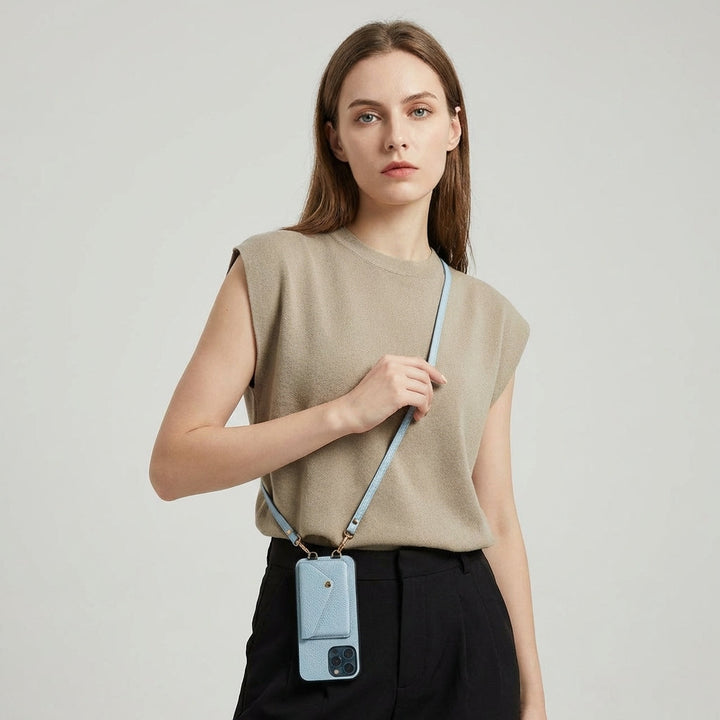 Fashionable women's phone pouch with sleek design, card slots, and adjustable neck strap for on-the-go style.