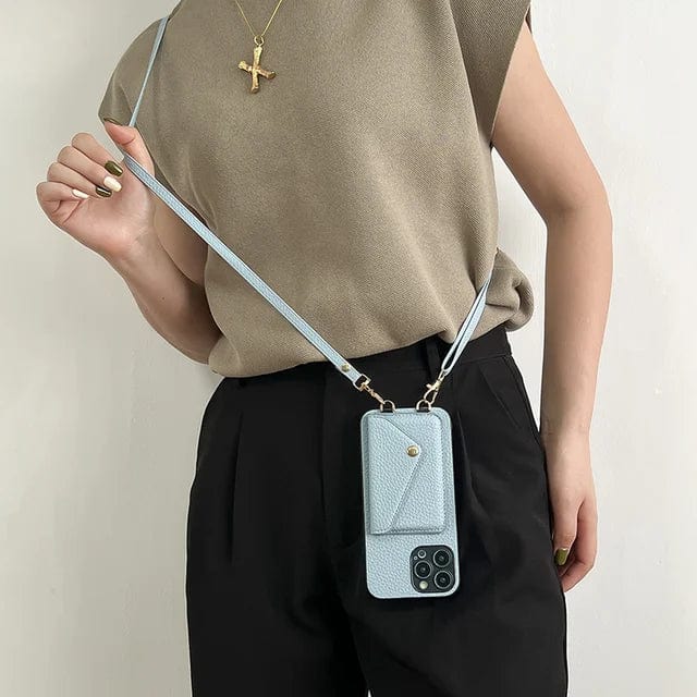 Everyday carry women's wallet phone case with secure card holder slots and an adjustable lanyard. Perfect for travel.
