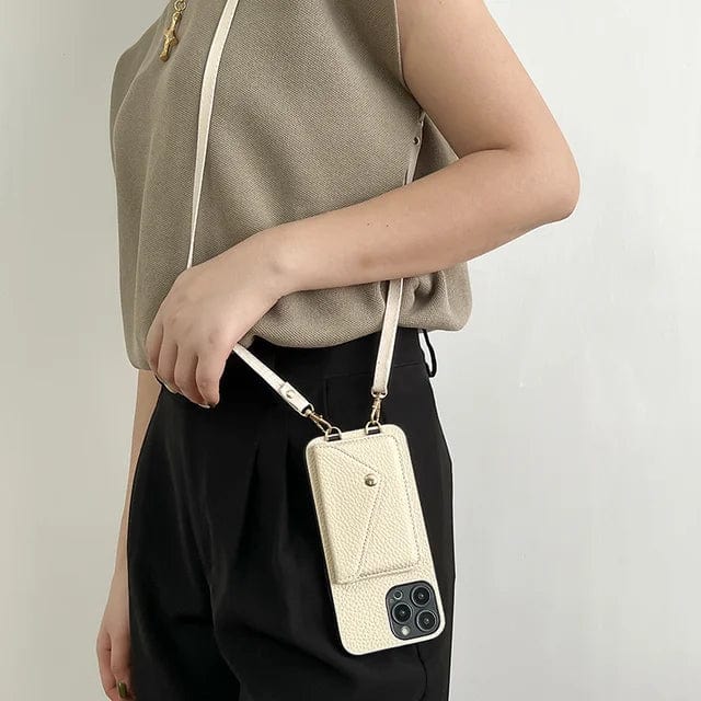 Premium women's iPhone case with card holder, adjustable lanyard, offering stylish protection & hands-free convenience.