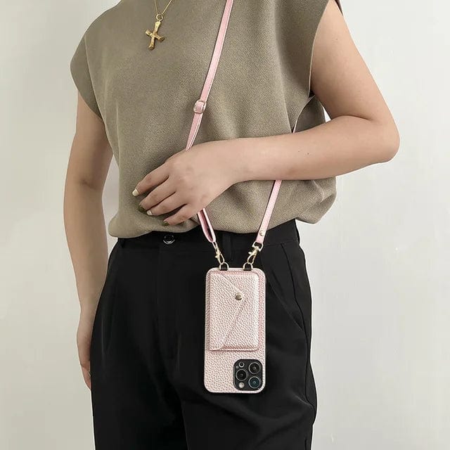 Compact women's phone case wallet with card slots & an adjustable lanyard. Keeps essentials organized & accessible.