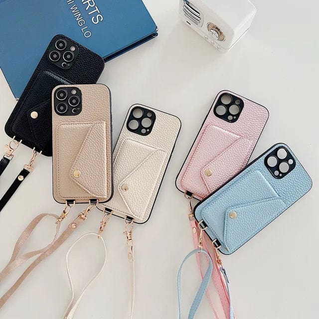 Stylish women's phone case featuring a built-in card holder and an adjustable lanyard for effortless everyday carry.