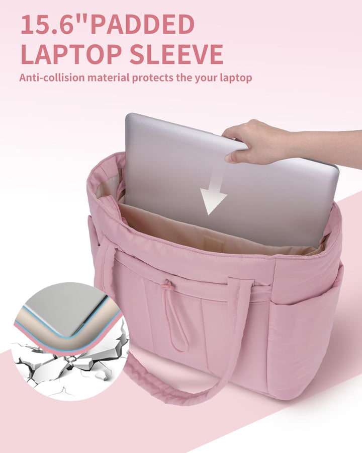 Women's quilted puffer laptop tote bag with padded compartment for work.