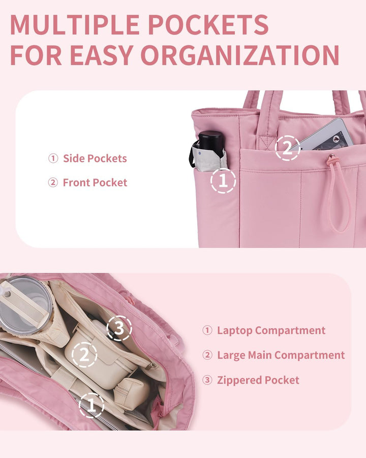 Work-ready quilted puffer tote, fits laptop securely for professional women.