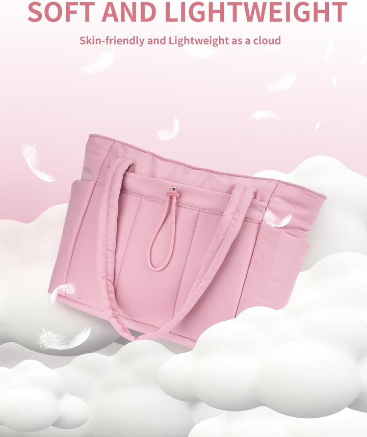 Functional quilted puffer tote for work and office essentials, spacious.