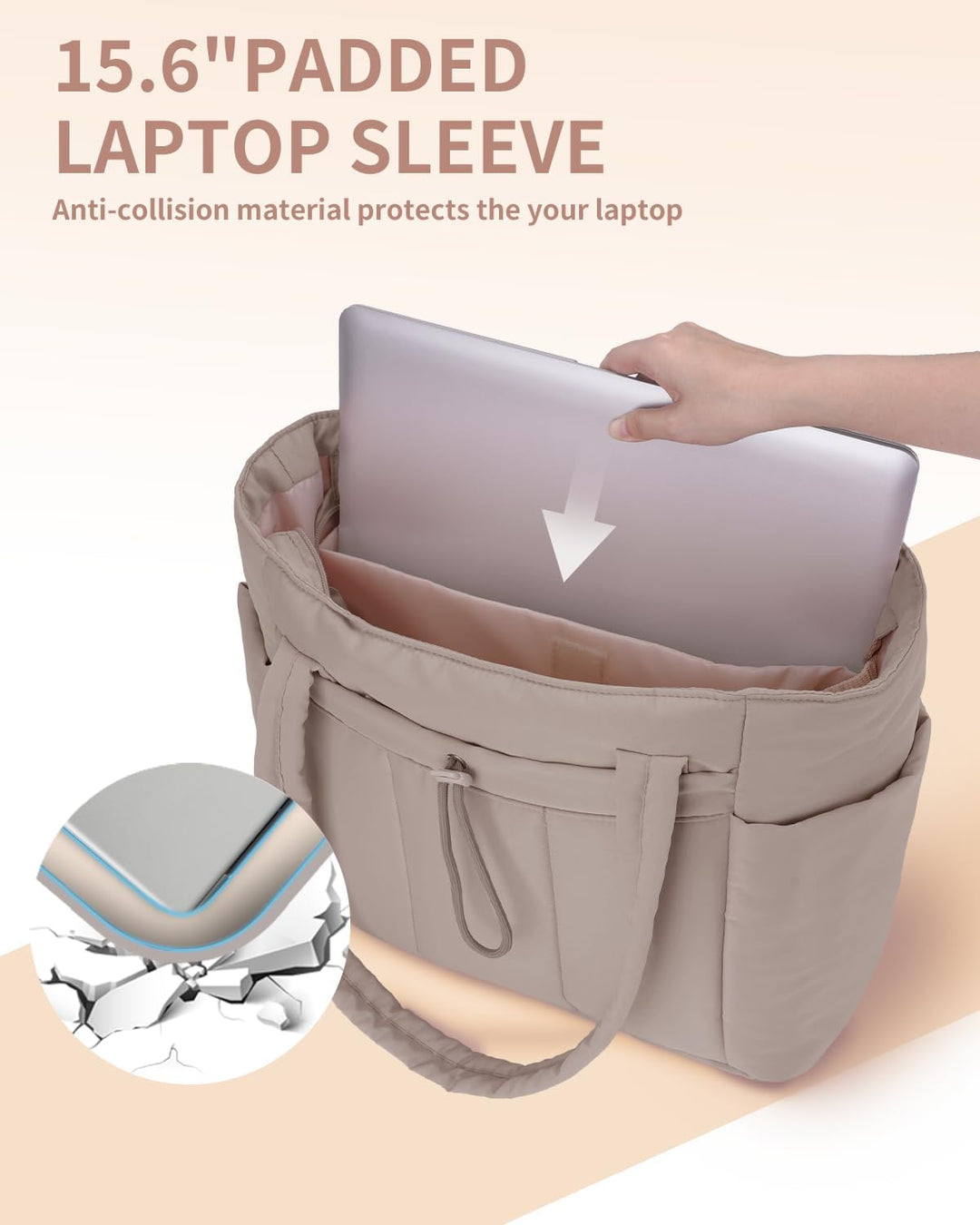 Dedicated laptop compartment in this women's quilted puffer work tote.