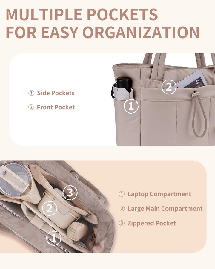 Organized work tote: women's quilted puffer bag for laptop & documents.