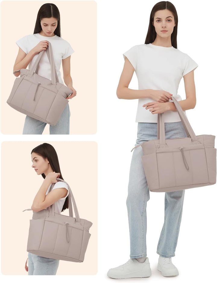 Women's quilted puffer travel tote bag with convenient luggage sleeve.
