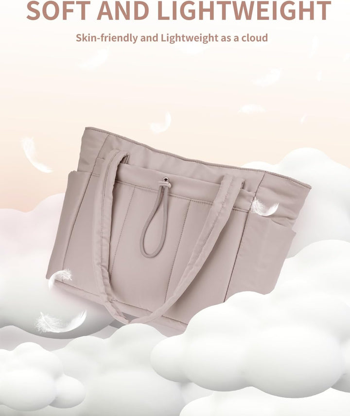 Airline-friendly travel tote, women's quilted puffer design, lightweight.