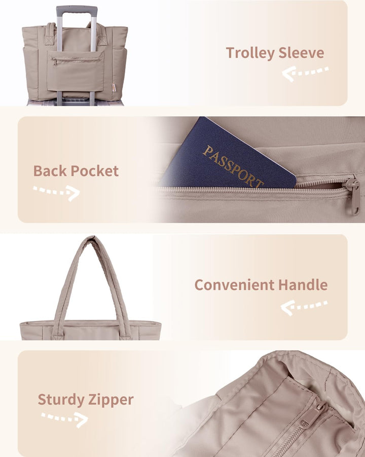 Weekend getaway bag: women's quilted puffer tote with luggage sleeve.