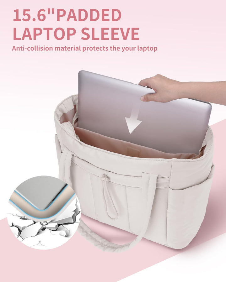 Modern women's puffer tote, quilted design, versatile style for daily wear.
