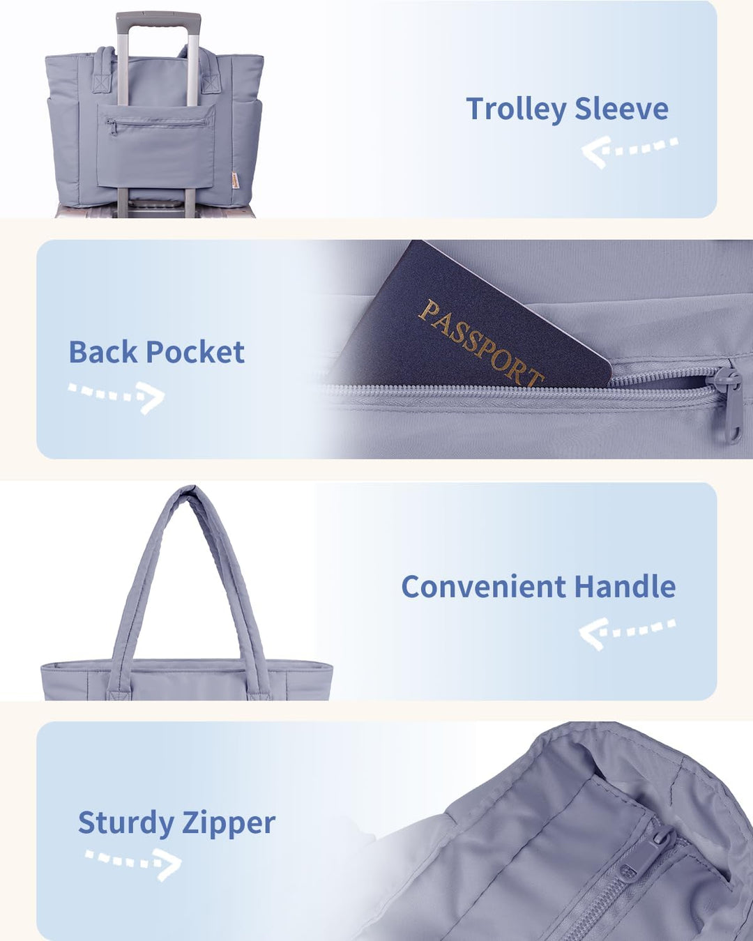 Women's quilted puffer tote with integrated cup holder feature.
