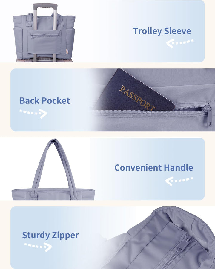 Women's quilted puffer tote with integrated cup holder feature.