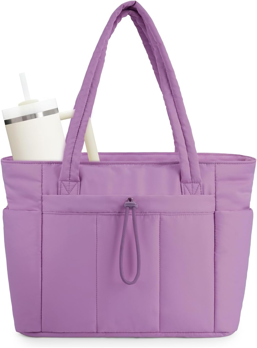 Functional women's quilted tote, cup holder and multiple pockets.