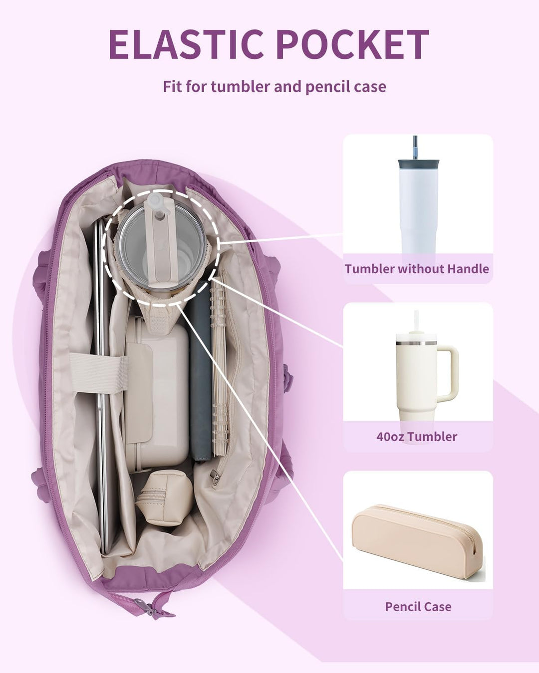 Quilted puffer everyday tote with convenient cup holder and organization.