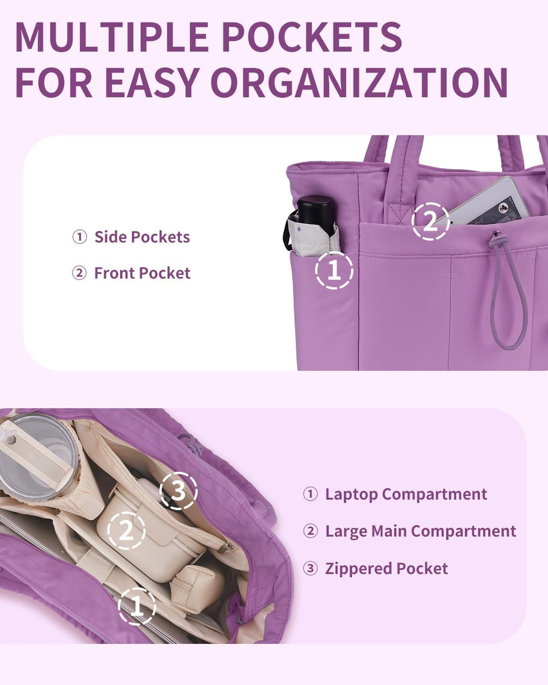 Travel-ready women's quilted puffer tote with secure luggage sleeve.