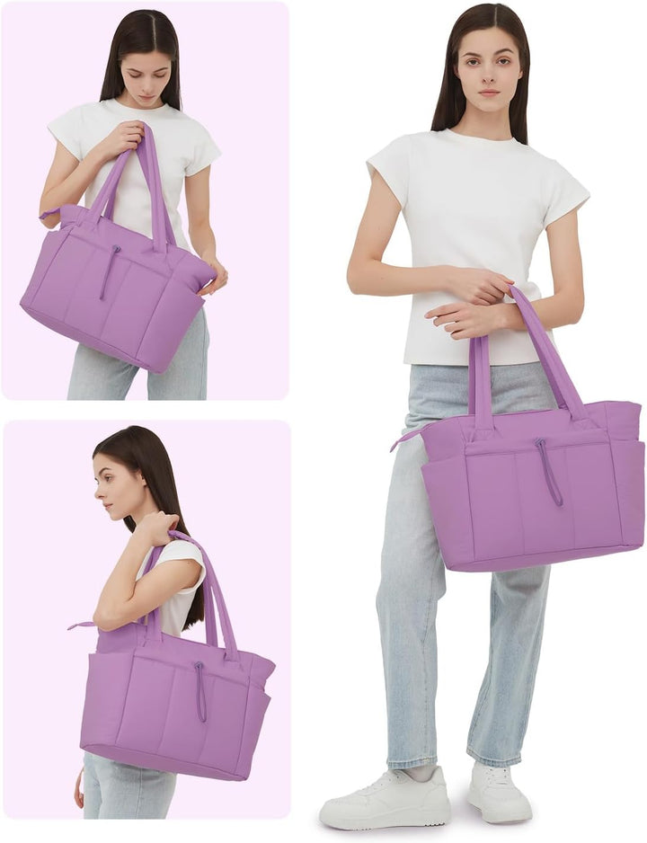 Quilted puffer tote bag for women, featuring a secure luggage sleeve.