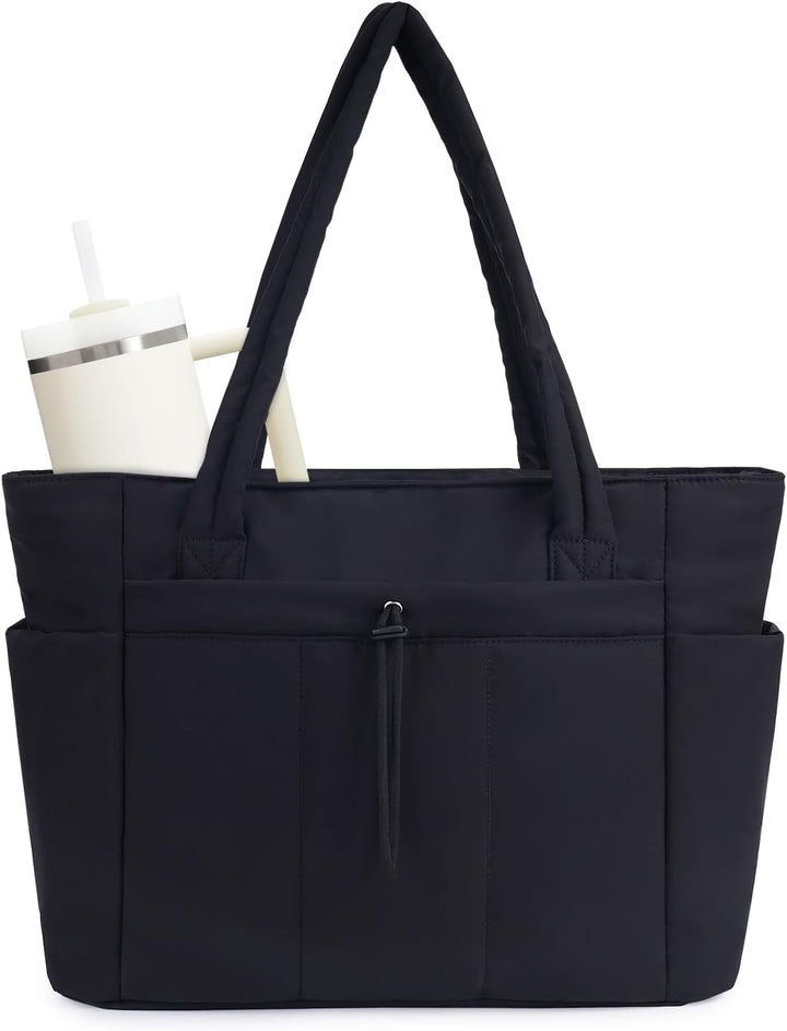 Women's versatile quilted puffer tote for laptop, travel, and daily use.