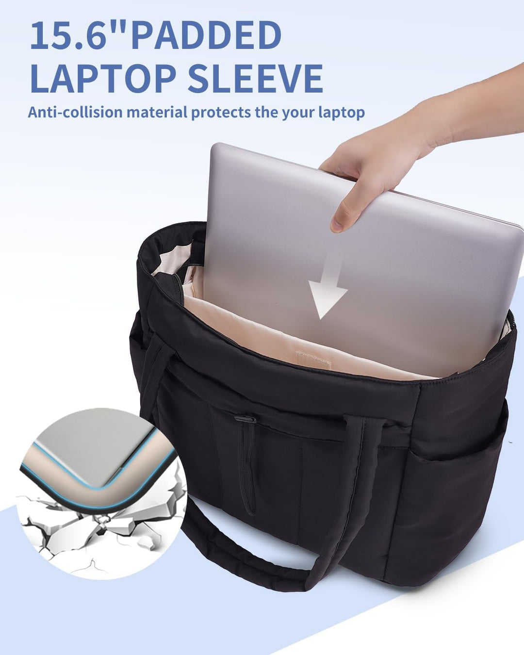 Functional travel and everyday tote, women's quilted puffer with luggage sleeve.