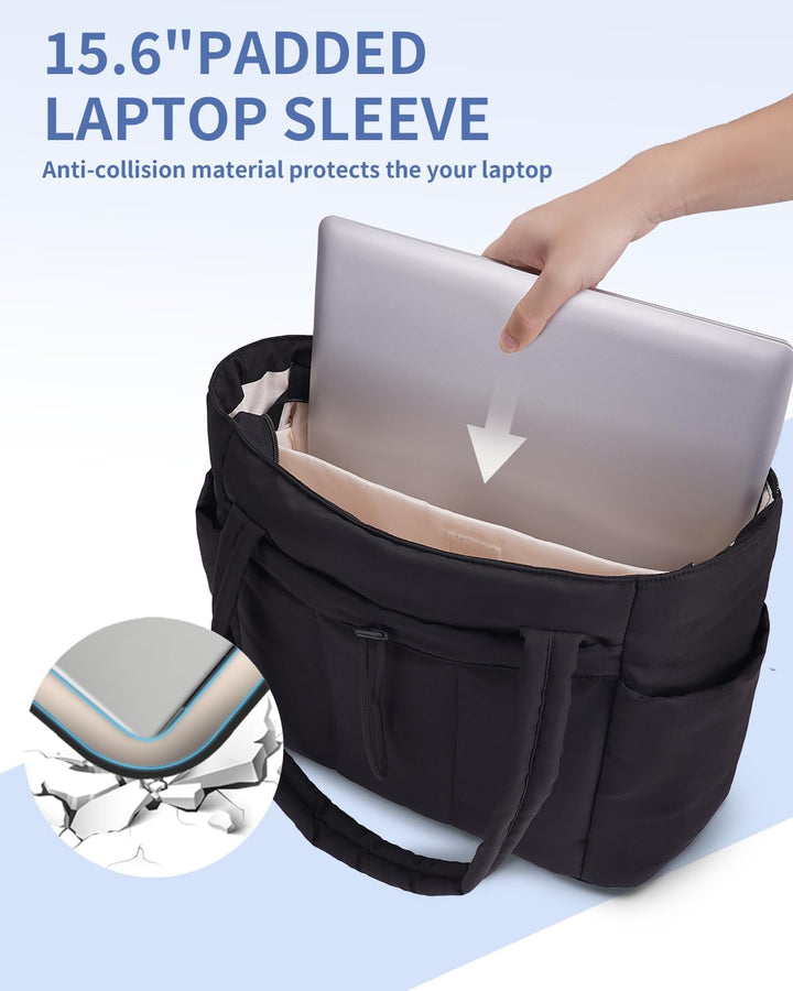 Functional travel and everyday tote, women's quilted puffer with luggage sleeve.