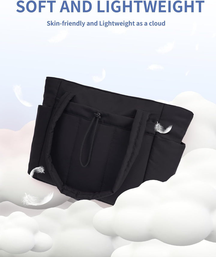 Modern women's quilted puffer bag, spacious for laptop & travel essentials.