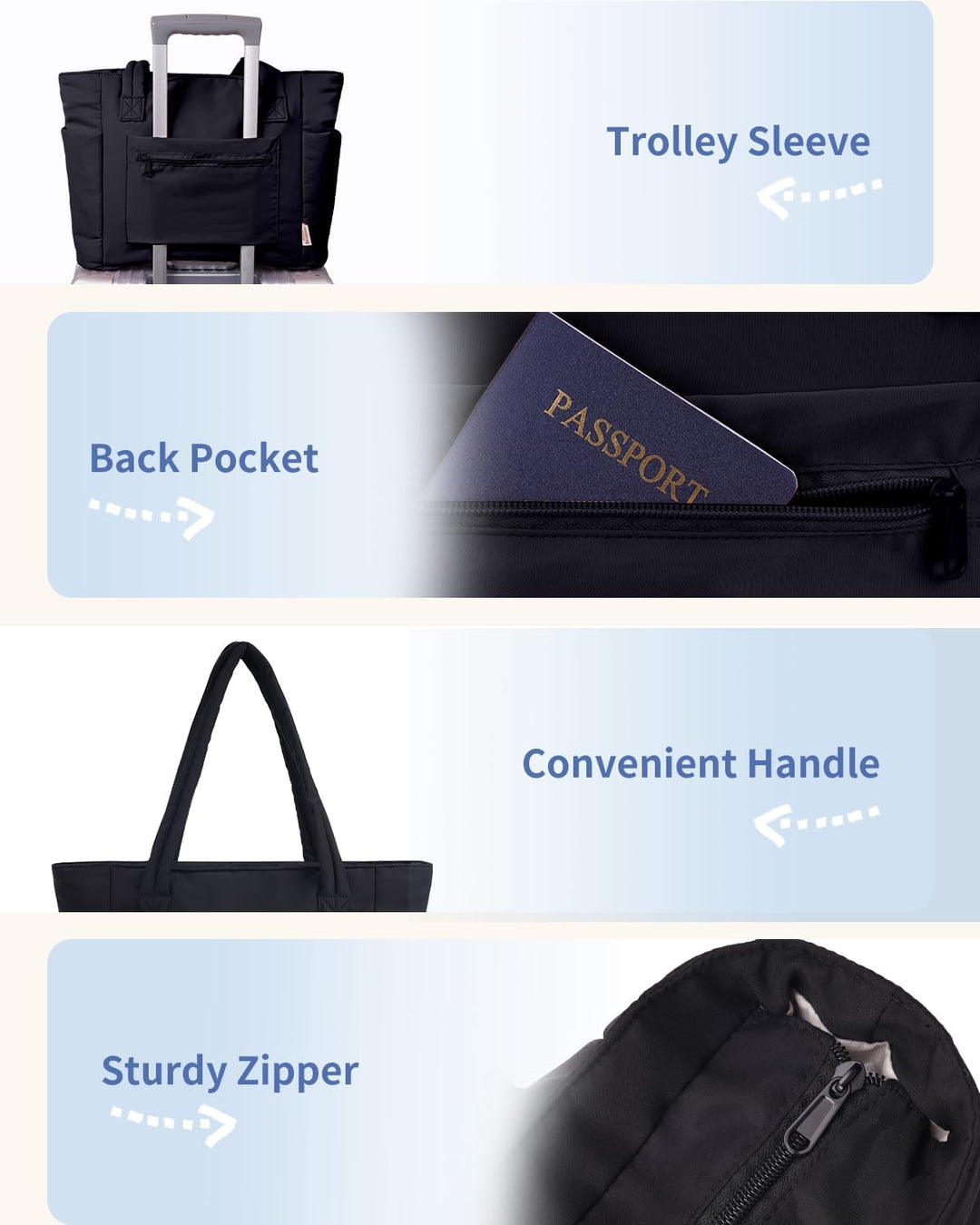 Elegant women's everyday tote, quilted puffer style with practical features.