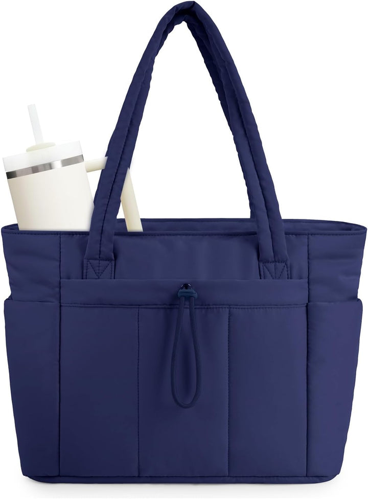 Practical women's travel tote, quilted puffer, with cup holder & sleeve.