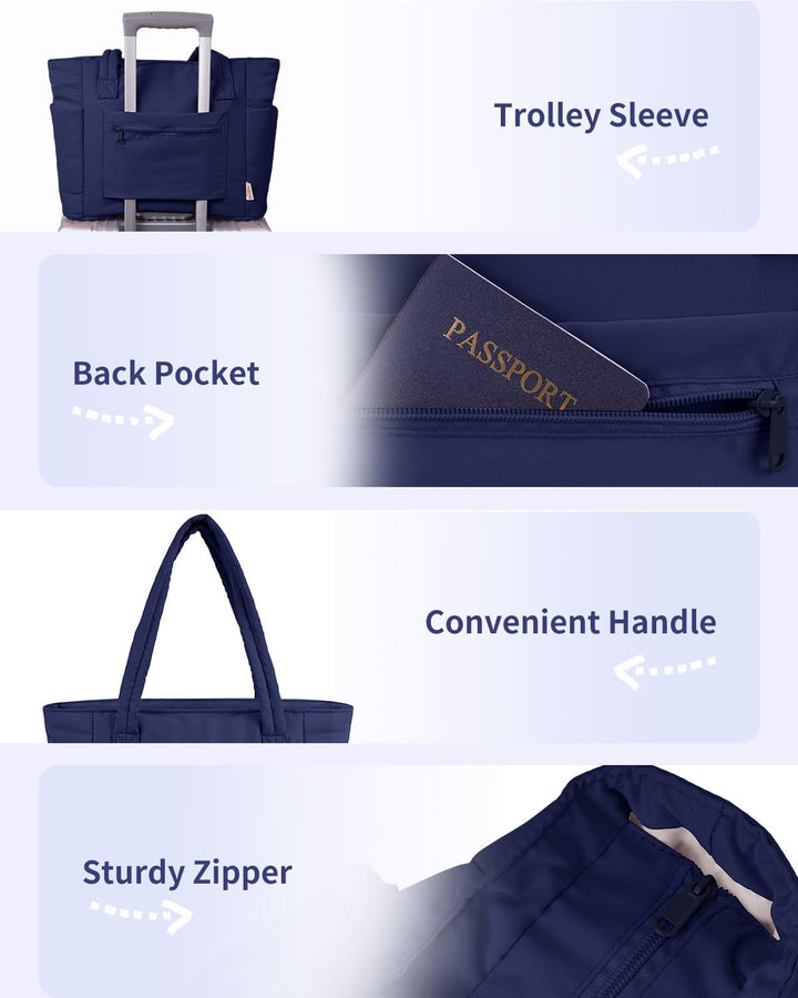 Smart women's travel tote, quilted puffer, with easy-access pockets.