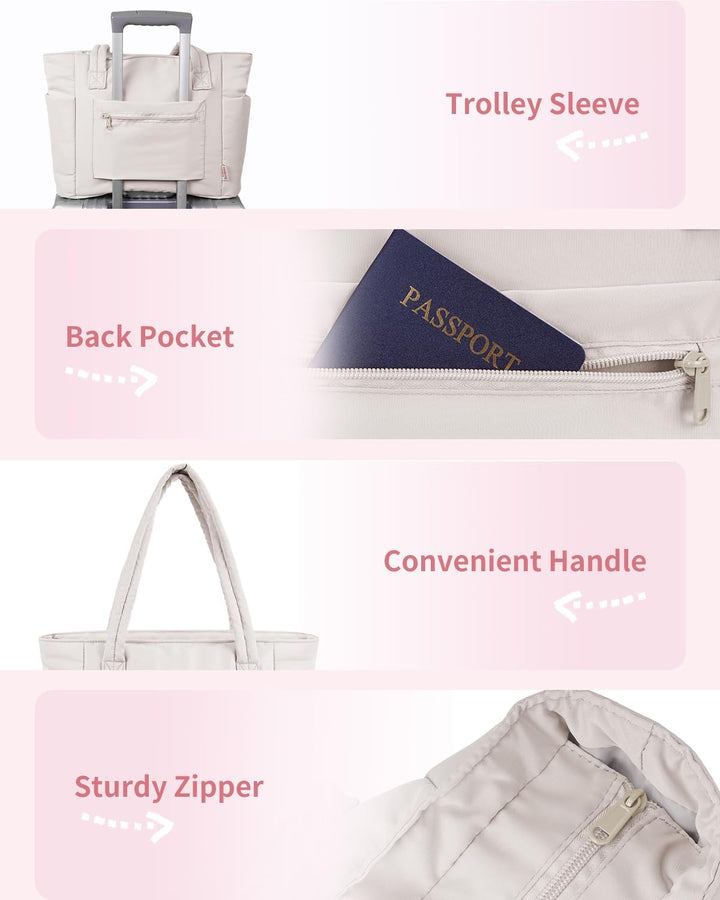 Durable quilted puffer tote, designed for women on the go, travel-ready.