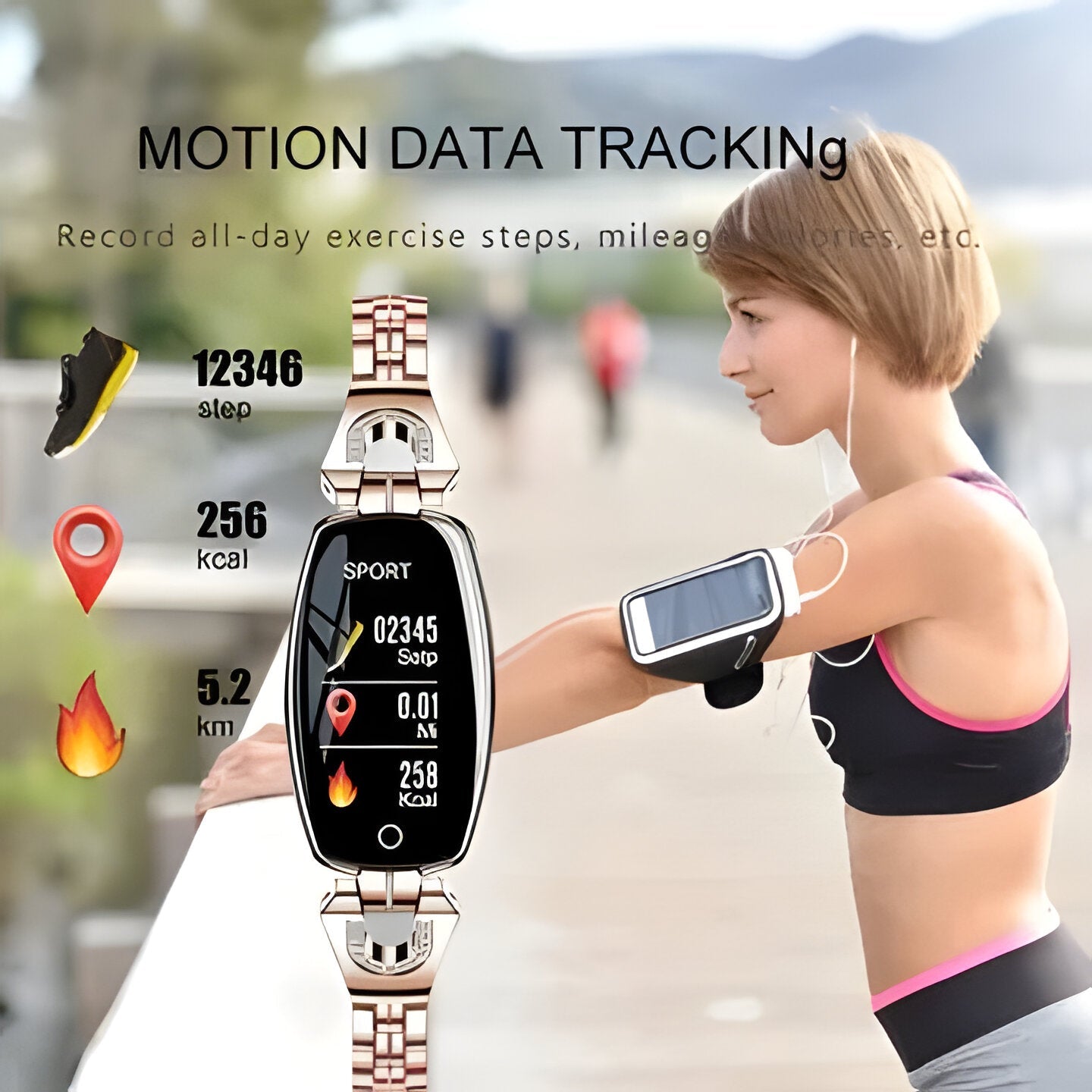 Women's stylish smart fitness bracelet, heart rate & activity tracker for active lifestyle.