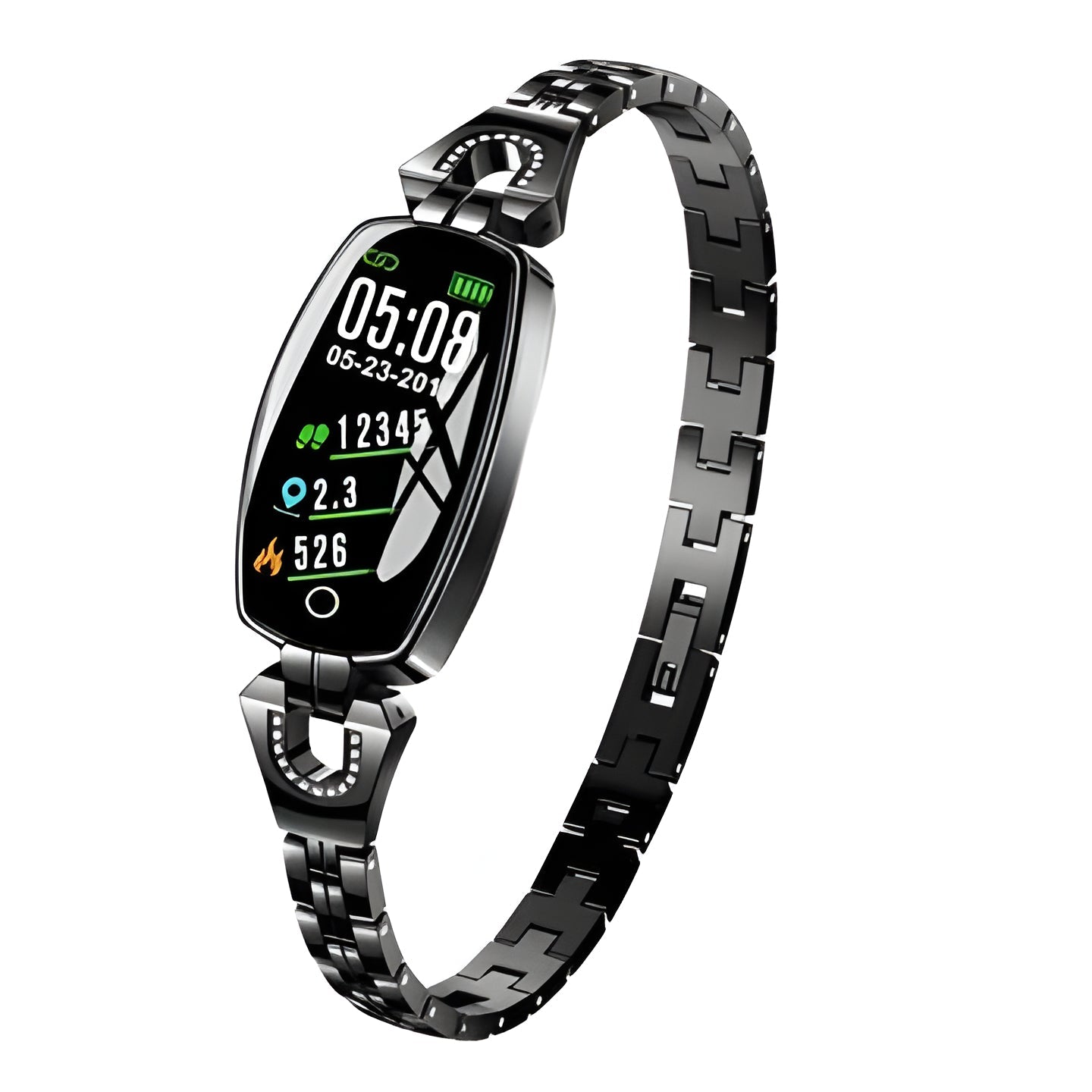 Silver women's waterproof smart fitness bracelet, health & sleep tracking.