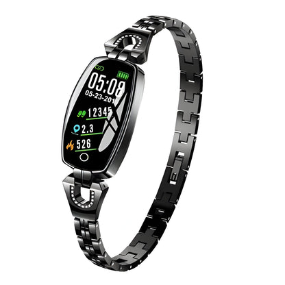 Silver women's waterproof smart fitness bracelet, health & sleep tracking.